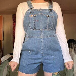 Carhartt blue denim distressed overalls